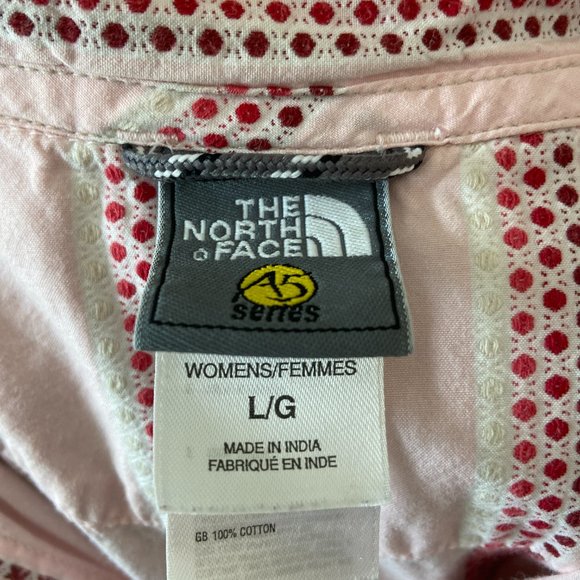4/$20 The North Face A5 Pink Vertical Striped Button Up Blouse Cap Sleeves L - Picture 5 of 6